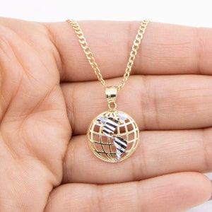 1&quot; Diamond-Cut World Pendant Necklace Real 10K Yellow White Gold