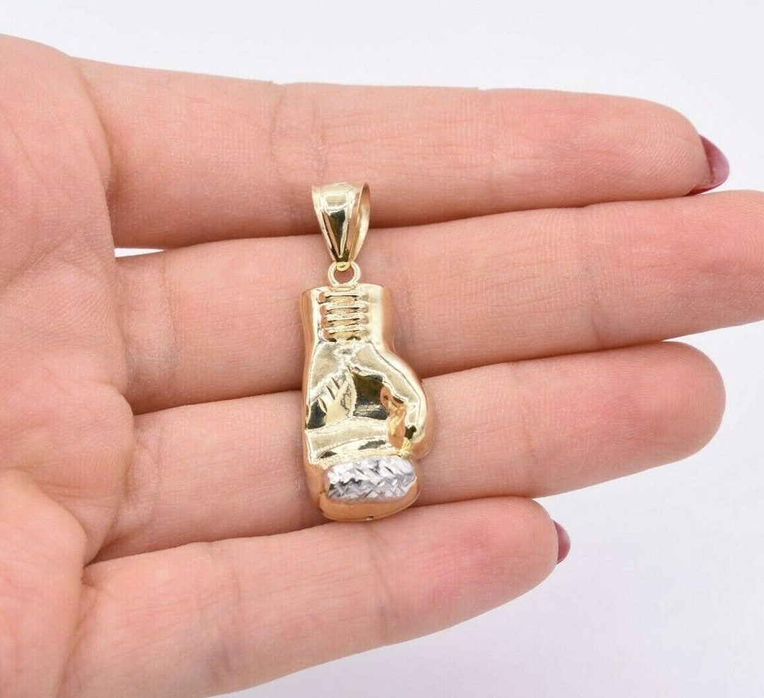 1 1/2 Boxing Glove Pendant Diamond Cut Real 10K Yellow White Twotone