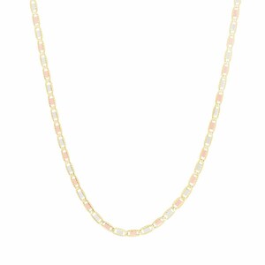 May include: A gold chain necklace with alternating white and pink links.