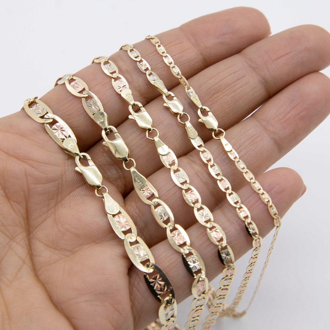 Textured Valentino Link Chain Necklace Real 14K Tri-color Gold All