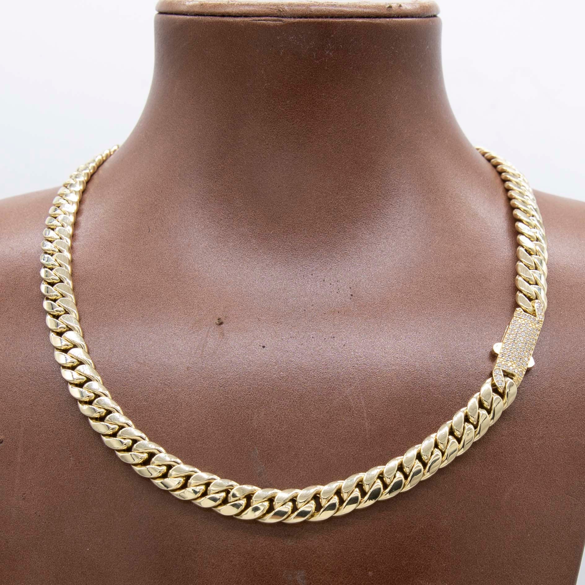 7mm Miami Cuban Link Chain CZ Box Lock Necklace Real 14K Yellow Gold 16 ...