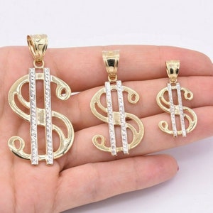 Colgante con dije de dólar y signo de dinero en dos tonos de oro blanco y amarillo auténtico de 10 quilates