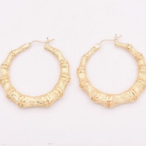 1 3/8" 35mm Graduated Diamond Cut Bamboo Hoop Earrings Real 10K Yellow Gold
