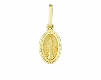 7/8" Satin Miraculous Religious Medal Pendant Real 14K Yellow Gold 0.9g