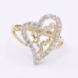Women&#39;s Heart I Love You CZ Engagement Ring Real Solid 10K Yellow Gold