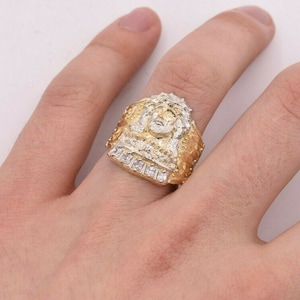 Großer Herren Jesus Kopf Abendmahl CZ Ring Echt Massiv 10K Gelb Weiß Gold