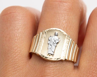 Diamond-Cut Saint Jude Ring Solid 10K Yellow White Gold All Sizes