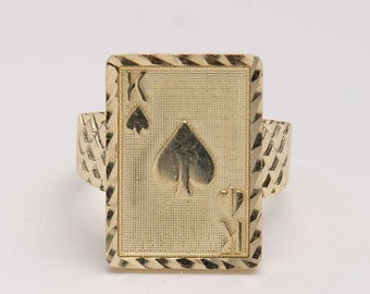 Men's 10k Yellow Gold Royal Flush Poker Nugget Ring - Lucky Hearts Band, Size 4.25, Handmade USA