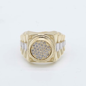 Herren Große Unisex Eisenbahn Runde CZ Ring Echt Solid 10K Gelb Weiß Gold Alle Größen