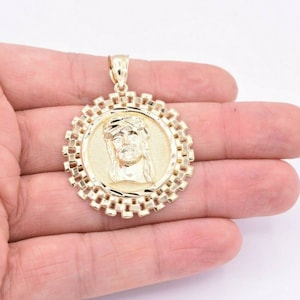 2" Railroad Framed Face of Jesus Medallion Pendant Charm Real 10K Yellow Gold