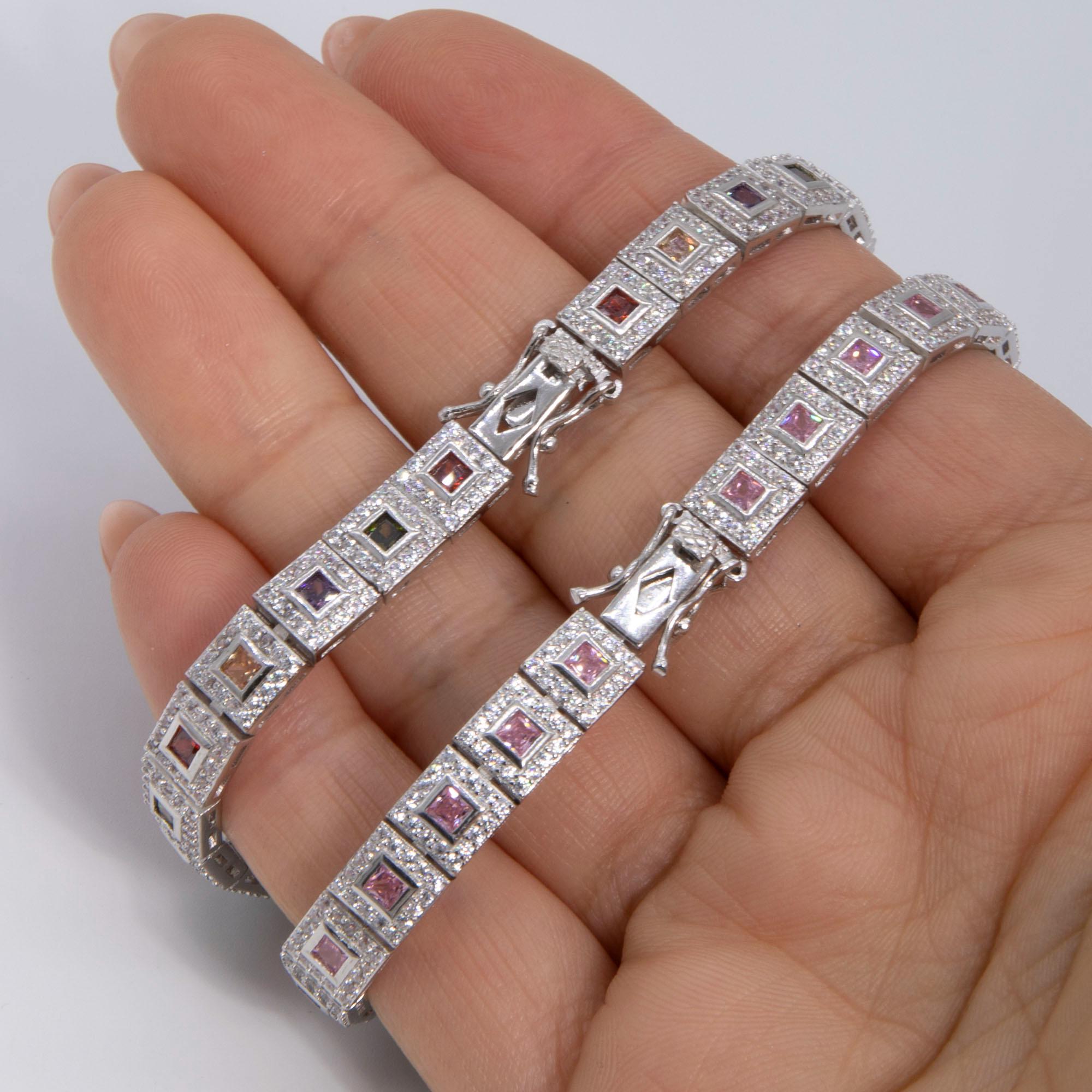 Colorful Round-cut CZ Square Link Tennis Bracelet Sterling