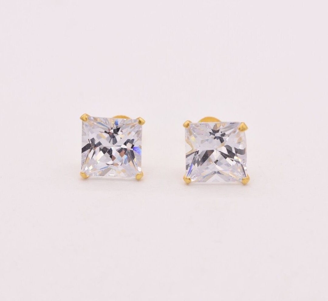 Diamonique CZ Prong Set Princess Stud Earrings 14K Yellow Gold - Etsy