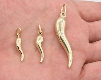 CORNICELLO ITALIAN HORN Real 10K Yellow Gold Pendant Good Luck Charm All Sizes