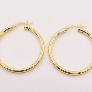 3mm X 35mm All Shiny Plain Hoop Earrings 14K Yellow Gold Clad Silver 925