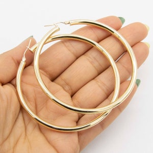 4mm X 70mm 2 3/4&quot; Shiny Plain Hoop Earrings Real 10K Yellow Gold
