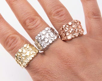 SOLID 14K Gold Large Square Nugget  Ring Yellow White Rose Gold