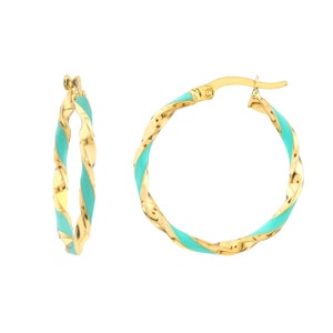 3/4&quot; 20mmx2mm Turquoise Enamel Round Twist Hoop Earrings Real 14K Yellow Gold