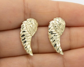 1" Diamond Cut Angel Wings Stud Earrings Real Solid 10K Yellow Gold