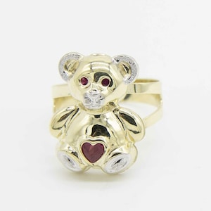 Two-Tone Teddy Bear Ring with Heart Ruby Stone 10K Yellow White Gold