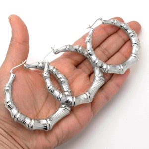 Graduated Diamond-Cut Bamboo Hoop Earrings 925 Sterling Silver