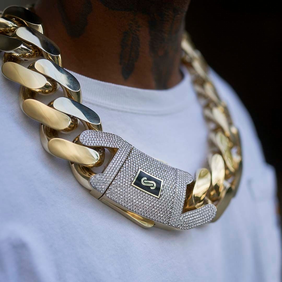 50mm Miami Cuban Link Monaco Chain Necklace CZ Lock Real 10K Yellow ...