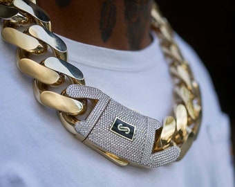 50mm Miami Cuban Link Monaco Chain Necklace CZ Lock Real 10K Yellow Gold