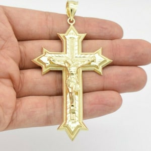 3 3/4&quot; Diamond-Cut Jesus Cross Crucifix Pendant Real Solid 10K Yellow Gold