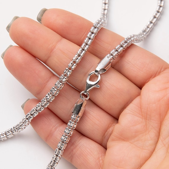 4mm Rhodium Diamond-cut Ice Link Chain Sterling Silver 925 Italy