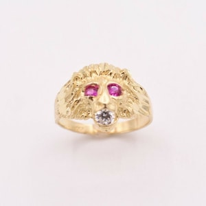 Bague unisexe tête de lion pour hommes yeux rubis et oxyde de zirconium cintré or jaune massif 10 carats taille 8