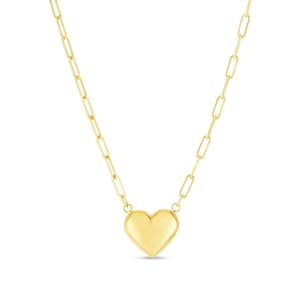 Paperclip Link with Puffed Heart Necklace Chain Real 14K Yellow Gold 18&quot;