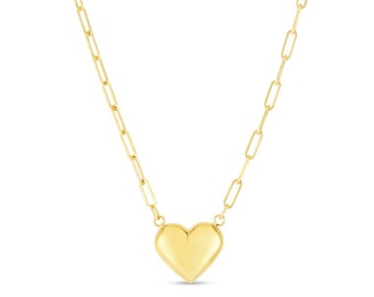 Paperclip Link with Puffed Heart Necklace Chain Real 14K Yellow Gold 18"