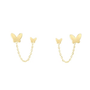 Double Butterfly Chain Earrings Real 14K Yellow Gold