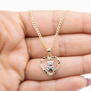 3/4&quot; Teddy Bear in Heart Pendant Necklace Real 10K Yellow White Gold