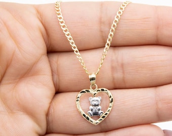 3/4" Teddy Bear in Heart Pendant Necklace Real 10K Yellow White Gold