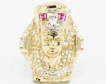 Huge CZ Pharaoh Egyptian King Ring Real Solid 10K Yellow White Gold All Sizes