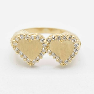 Satin Finish CZ Double Heart with Textured Sides Ring Real Solid 10K Yellow Gold