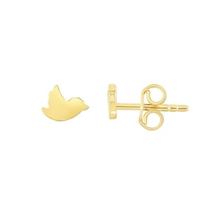 Mini Sparrow Bird Stud Earrings Real 14K Yellow Gold