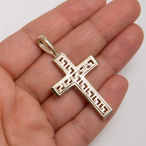 2&quot; Greek Key Design Cut-Out Cross Pendant Real 10K Yellow Gold