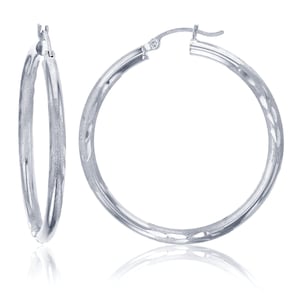 3mm X 35mm 1 3/8&quot; Shiny Diamond Cut Round Hoop Earrings REAL 14K White Gold