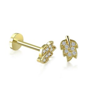Leaf CZ Minimalist Tragus Ear Piercing Stud Real 14k Solid Gold