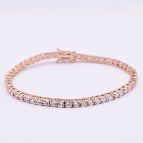 Bracelet de tennis en CZ rond de 3,2 mm, en or rose véritable, en argent sterling 925, 7 pouces