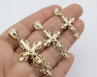 Shiny Filigree Cross Crucifix Jesus Pendant Solid Real 10K Yellow Gold All Sizes