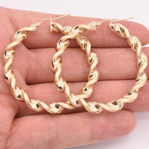 2&quot; Large Twisted Diamond Cut Round Satin Hoop Earrings Real 10K Yellow Gold