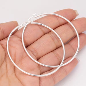 2 3/8" 2mm X 60mm Plain Polished Round Hoop Earrings Real 925 Sterling Silver