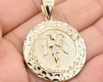 Baby Angel Diamond Cut Nugget Medallion Pendant Real Solid 10K Yellow Gold