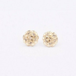 Small Round Textured Nugget Style CZ Stud Earrings Real Solid 10K Yellow Gold