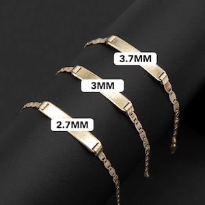 May include: Three gold bracelets with different sized rectangular nameplates. The nameplates are 2.7mm, 3mm, and 3.7mm.