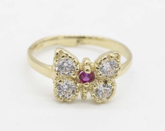 Kids Ruby CZ Butterfly Pinky Ring Real 10K Yellow Gold Size 3