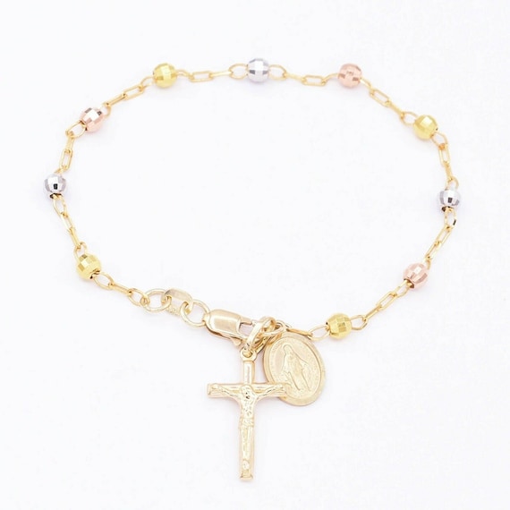 Italian 14k Yellow Gold Miraculous Medal Charm Rosary Bracelet 8