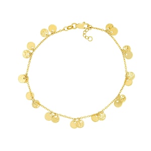 Double Disk Dangle Adjustable Bracelet Real 14K Yellow Gold 7.5&quot;